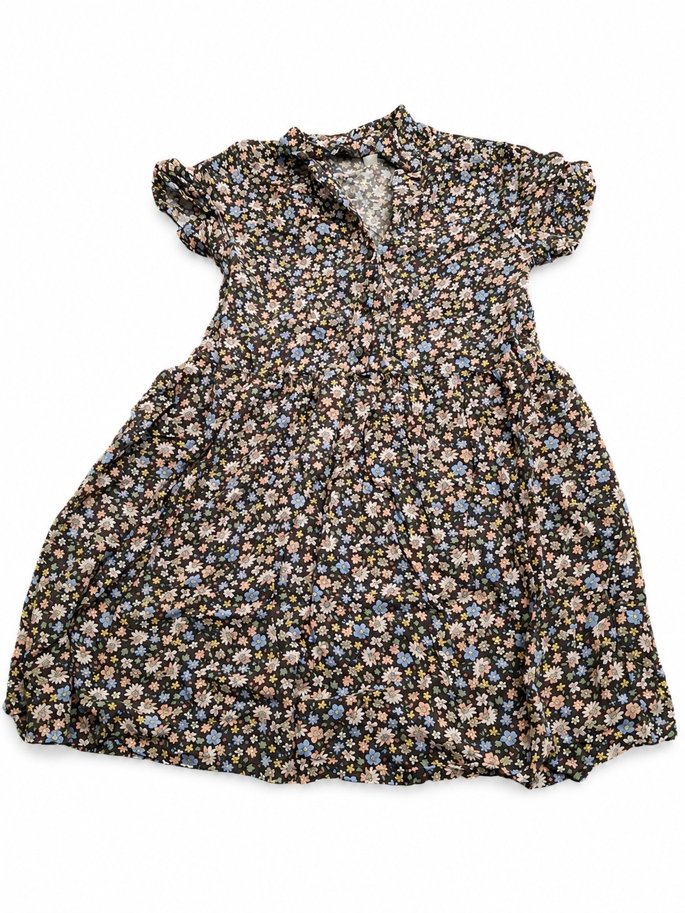 H&M Black Floral Short-Sleeve Gathered Waist Dress